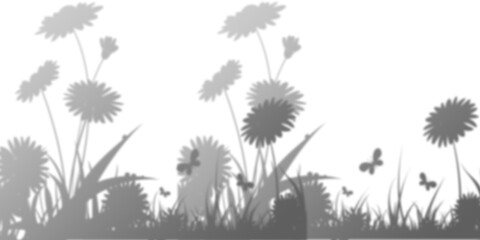 Artistic grayscale illustration of dandelions in a meadow, featuring subtle shadows and butterfly silhouettes. Ideal for nature, spring, or peaceful themes.