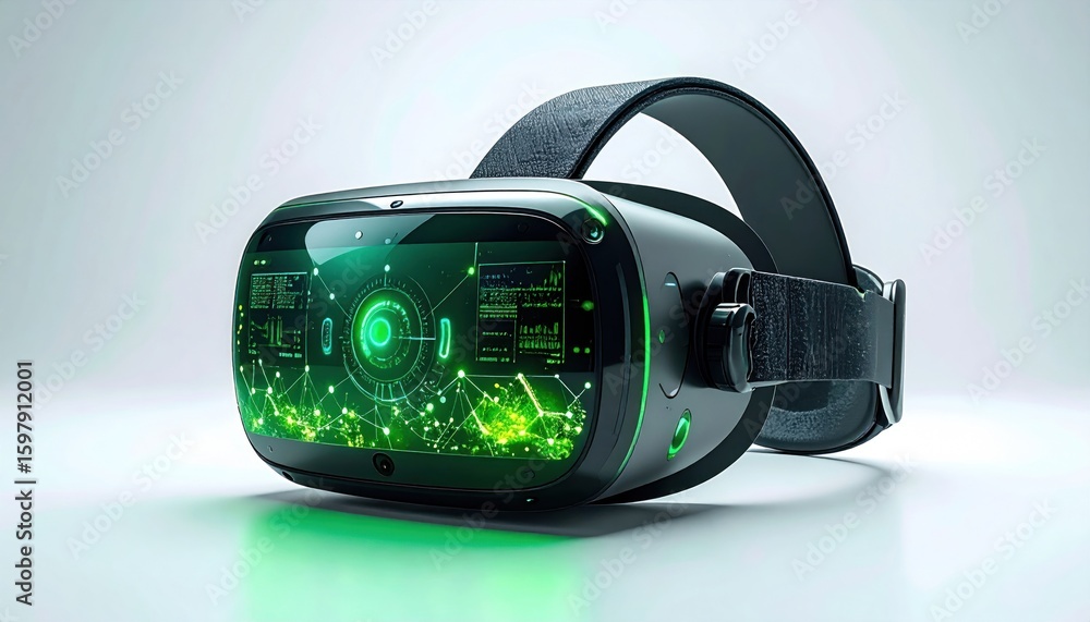 Poster futuristic vr headset with green holographic interface displaying digital data on white background