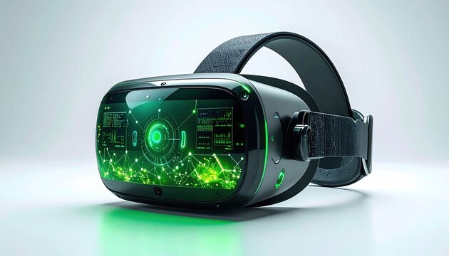 Futuristic VR Headset With Green Holographic Interface Displaying Digital Data On White Background
