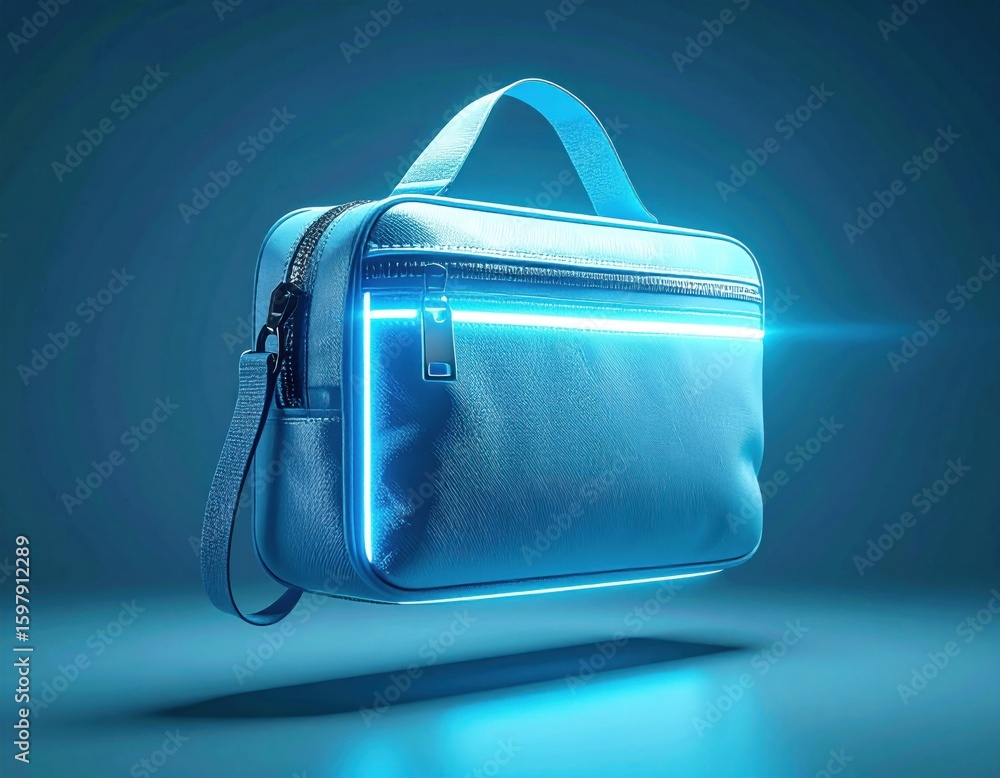 Aufkleber glowing tech pouch floating against a clean background emphasizing the zipper and modern accent