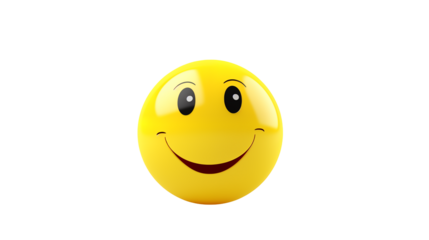 Bright yellow smiley face with happy expression and glossy finish isolated on white or transparent png.