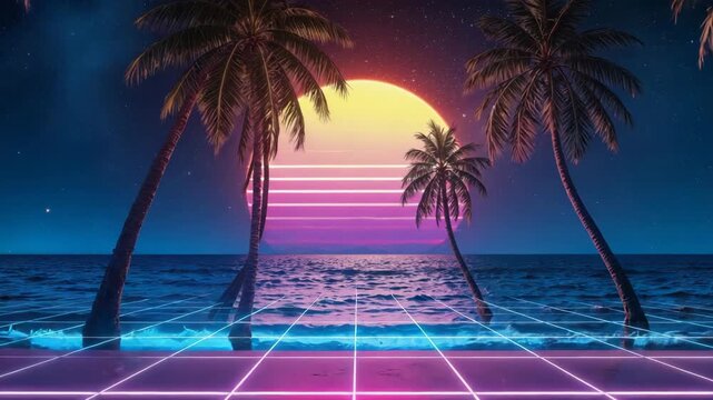 Synthwave palms reflecting on neon grid at sunset.