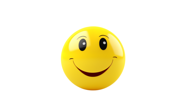 Bright yellow smiley face with happy expression and glossy finish isolated on white or transparent png.