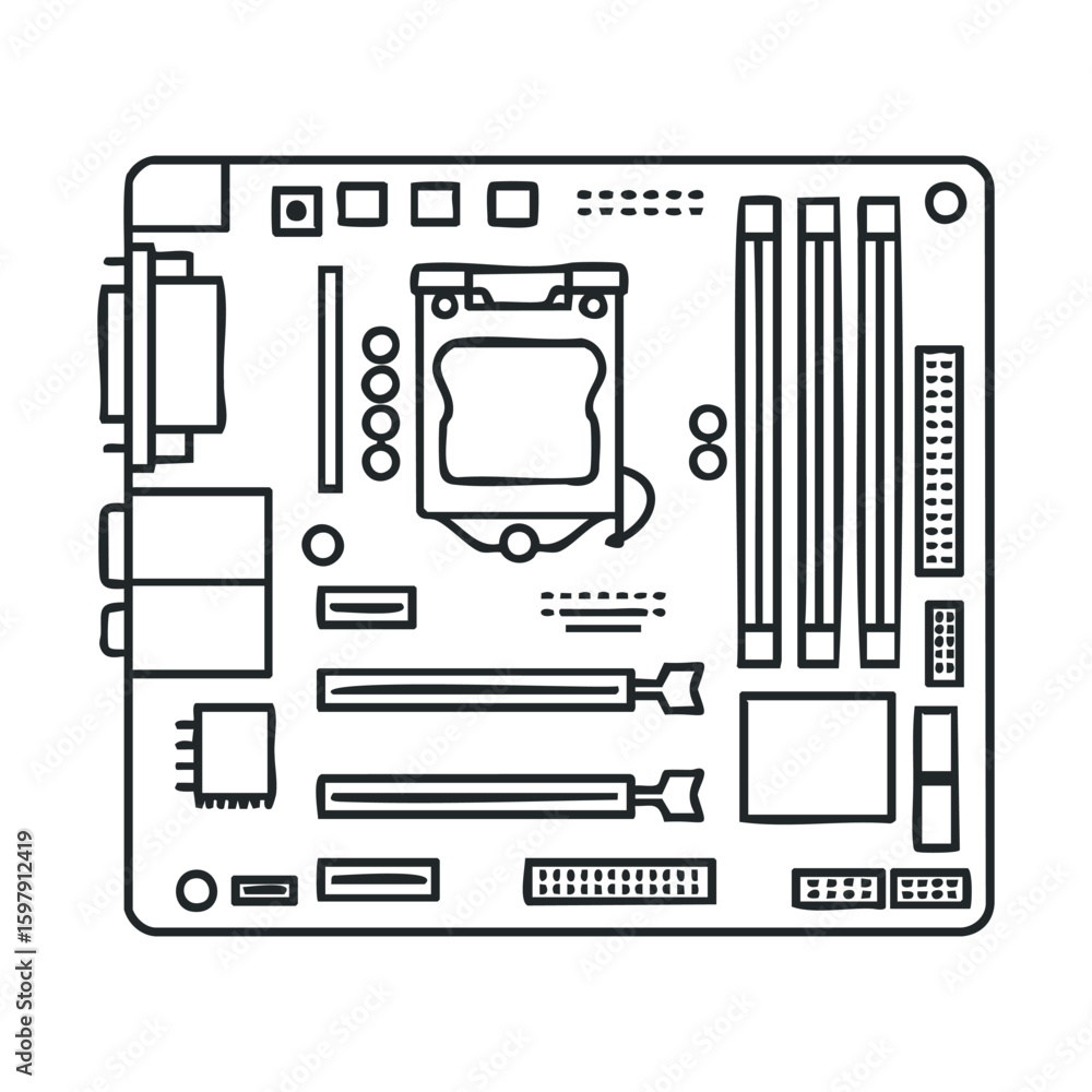 Poster black and white computer motherboard diagram showing cpu socket and ram slots
