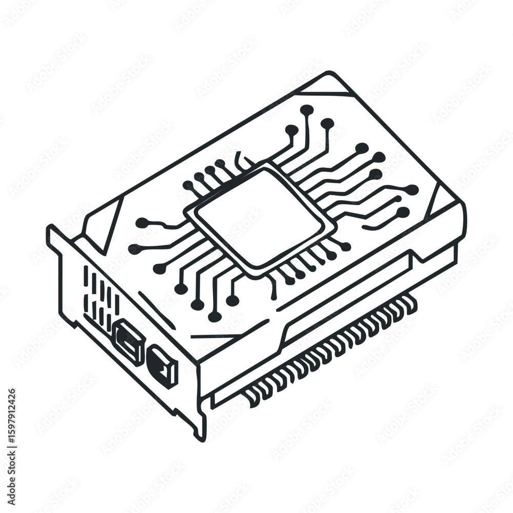 Fototapete line art graphic card icon with circuit elements and connectors for technology design