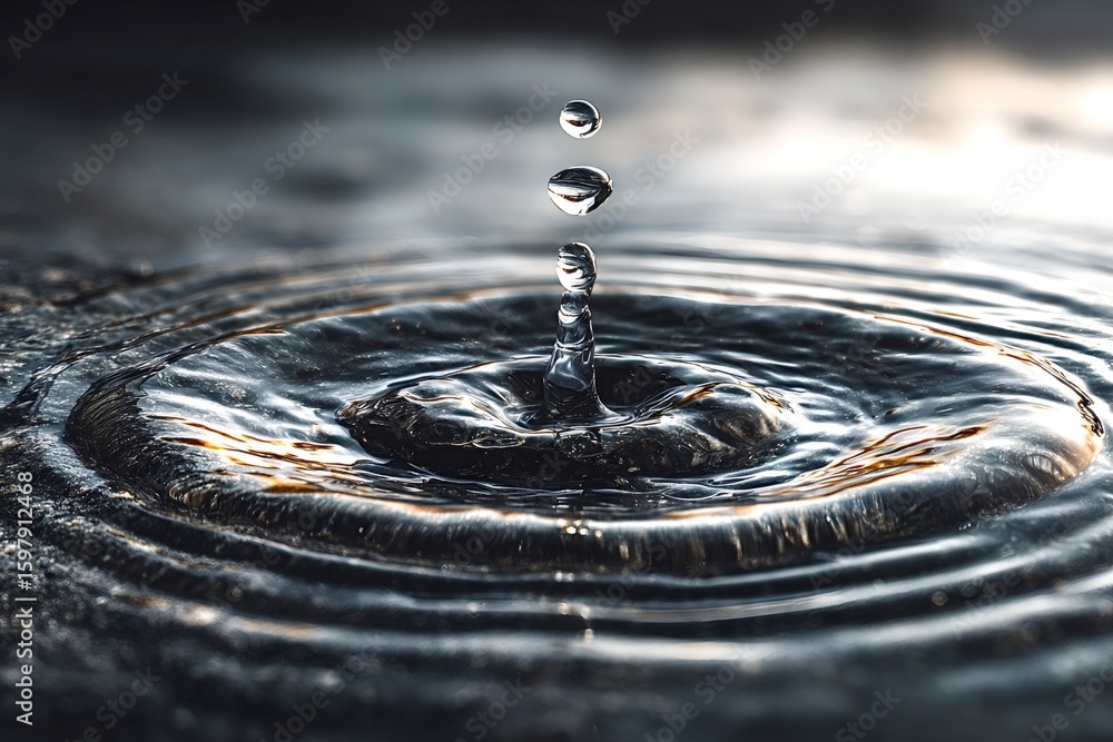 Poster close up of a water droplet impacting the surface of a puddle, creating expanding circular ripples w