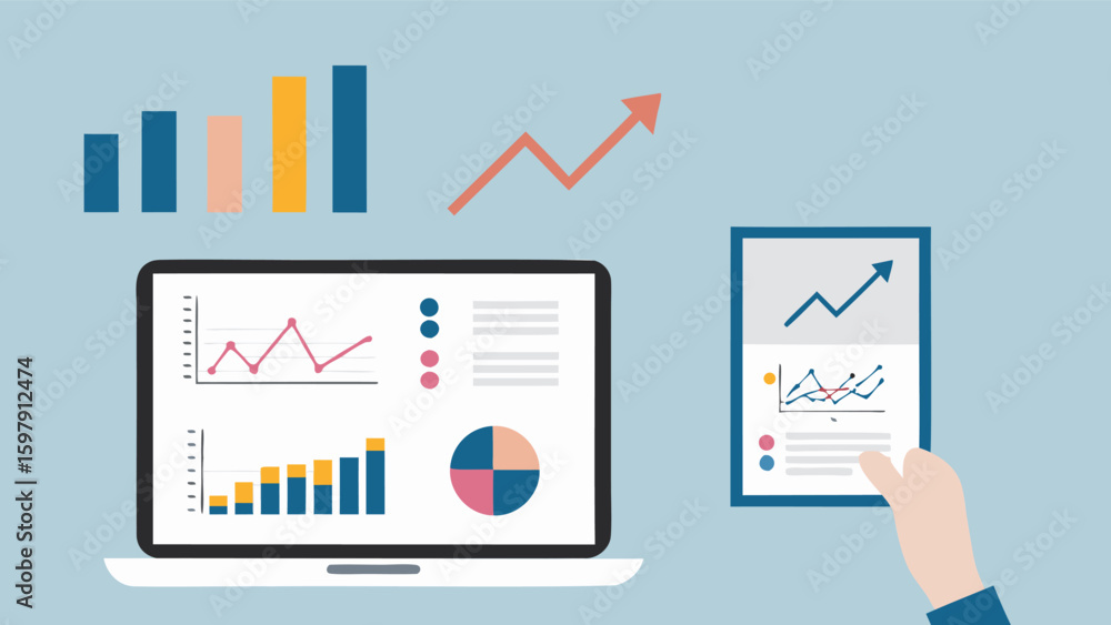 Aufkleber laptop displaying charts and graphs with an upward arrow and hand holding document with chart