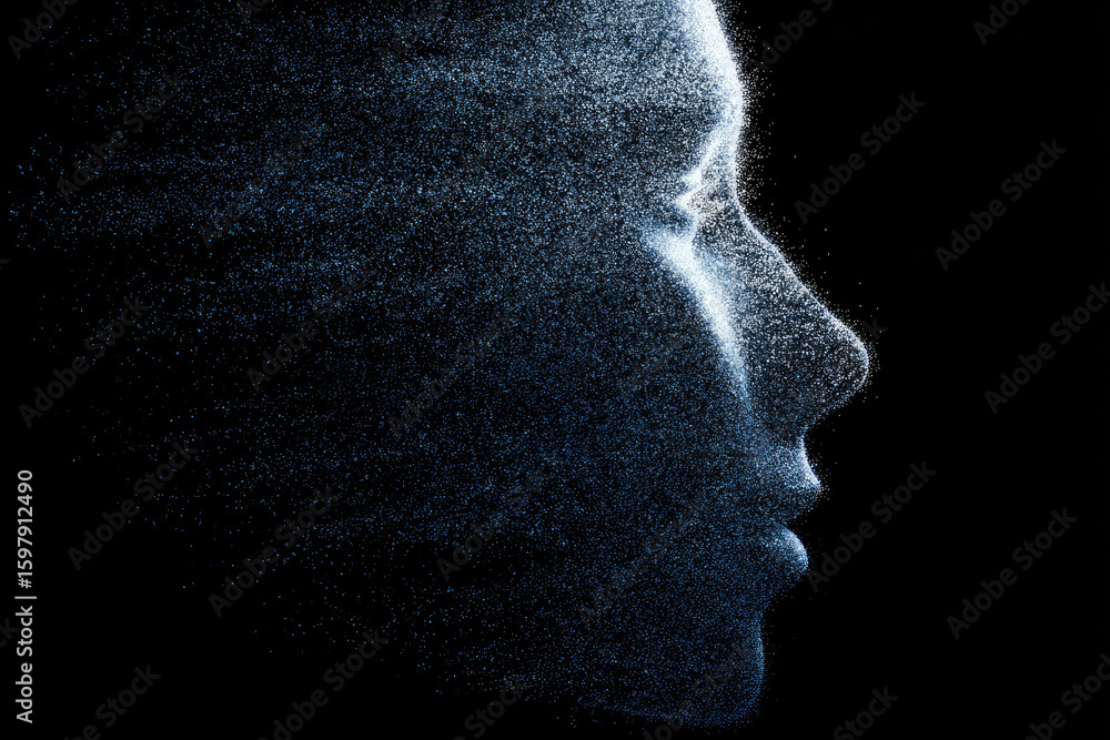 Poster silhouette of a human head created from pixel particles. conceptual image of deep learning and face 