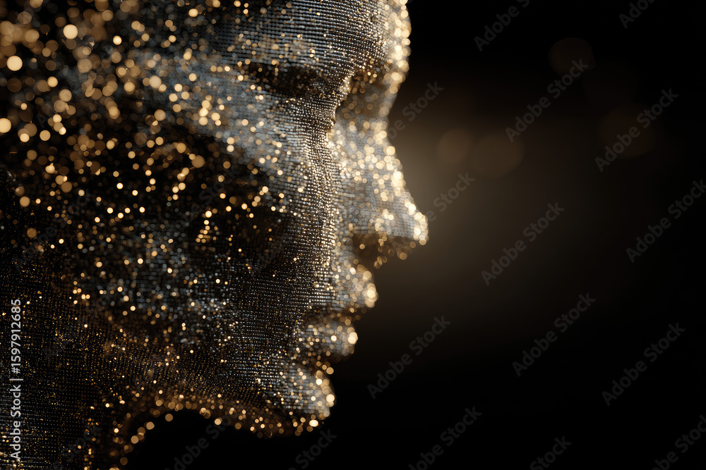 Poster silhouette of a human head created from pixel particles. conceptual image of deep learning and face 