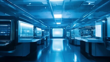 Futuristic laboratory with glowing screen showing data analysis - Powered by Adobe