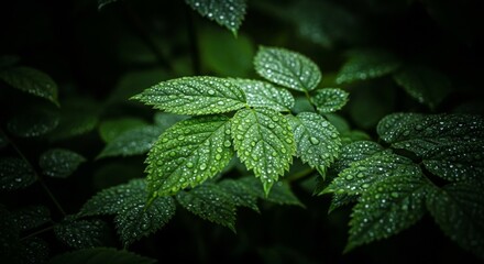 Lush Green Leaves Covered in Dew Droplets Against a Dark Background in a Natural Setting