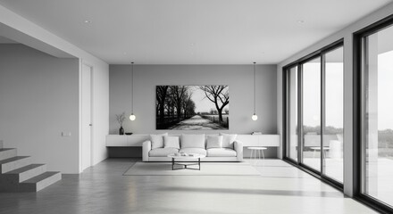 Modern minimalist living room interior with polished concrete floor 