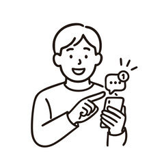 Young man pointing smartphone chat notification, minimal line art illustration
