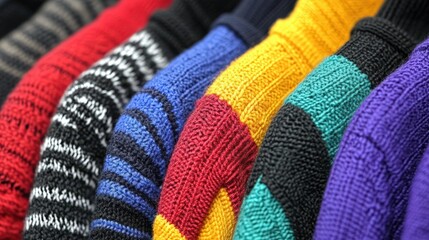 Colorful knitted sweaters lined up in a cozy boutique showcasing winter fashion trends