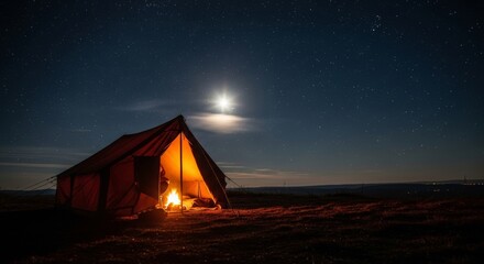 Single Glowing Fire in a Tent on a Hilltop at Night, close up low angle with dawn light