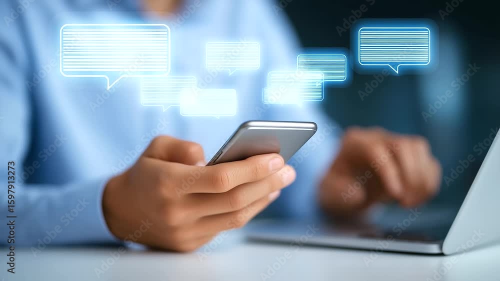 Poster seamless interaction between smartphone and laptop in a high-tech digital world.