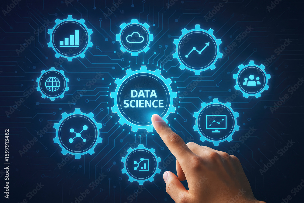 Poster digital network connecting data science concepts with glowing blue icons technology
