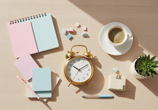 Flatlay of a vibrant and colorful office workspace on a light wooden desk, featuring a minimalist clock with gold hands, surrounded by pastel-colored stationery, a white ceramic coffee mug, and a smal