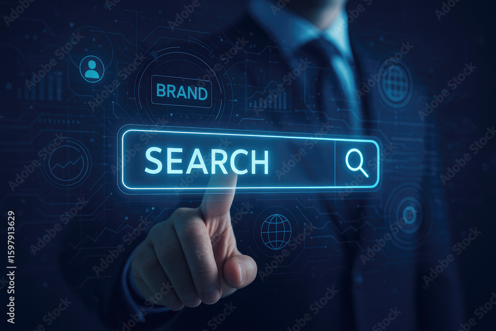 Poster digital search interface with glowing blue elements and a person's hand digital interface