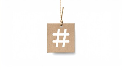 Hanging Kraft Paper Tag Featuring A White Hashtag Symbol Against A Clean White Background