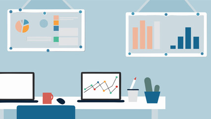 Illustration of office space with laptops, charts, and a plant, showcasing a modern work environment scene