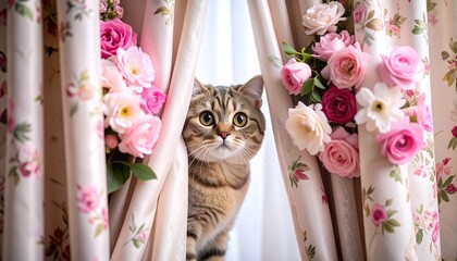 Adorable Scottish Fold cat peeks through soft floral curtains, wide curious eyes, round face, and folded ears. Cozy, playful, and heartwarming moment captured up close.