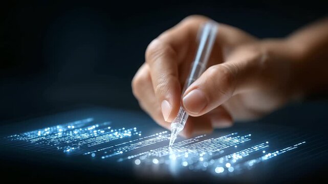 A hand writes on a sleek, high-tech document interface set against a moody, dark backdrop.