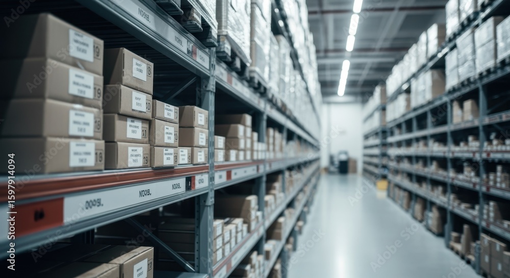 Poster efficient shelving system with labeled boxes in a brightly illuminated warehouse.