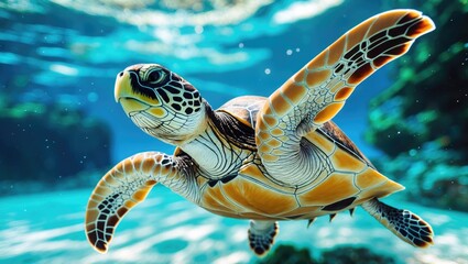 A sea turtle swimming underwater with sunlight filtering through the water. Marine life and aquatic animals. The concept of ocean conservation.