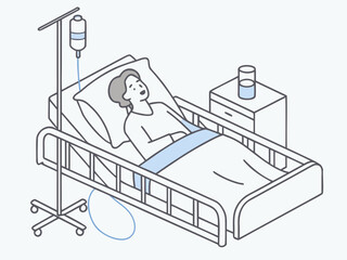 a patient lying in a hospital bed, medical equipment and IV drip, black and white line art, minimalistic, clean, simple, clinical, medical illustration
