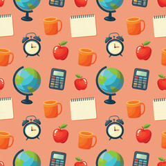 Seamless vector pattern with orange mug, calendar or notebook, red apple, dark blue alarm clock, globe, and calculator on a peach pink background. Perfect for fall education designs