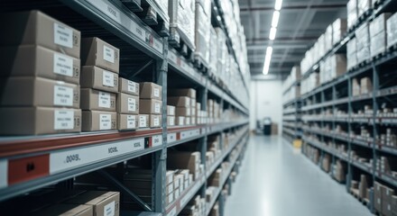 Fototapeta premium Efficient shelving system with labeled boxes in a brightly illuminated warehouse.