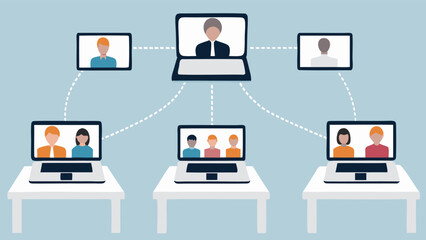 Illustration of a video conference call with multiple participants on laptops and tablets shown