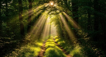 Sunlit Forest Path: Green Grass and Sunlight Beams