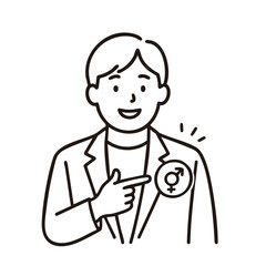 Man pointing at gender‑inclusive badge, minimal line art illustration