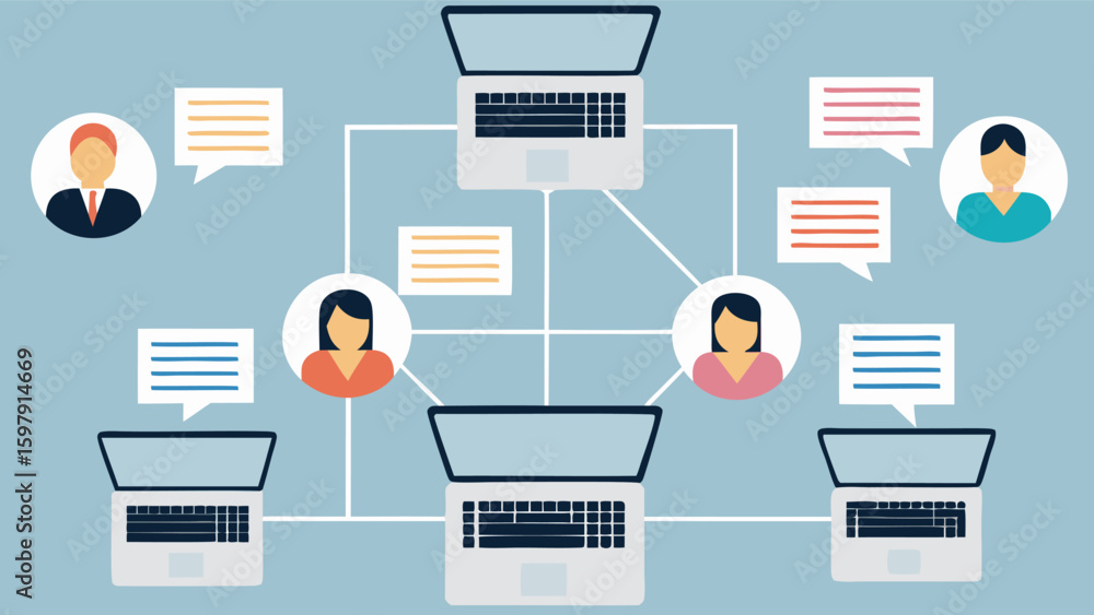 Poster network of people connected by laptops and speech bubbles representing communication online in light