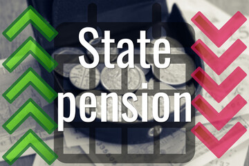 "State Pension" text overlaying coins, symbolizing financial planning for retirement in the UK, with arrows indicating growth and decline