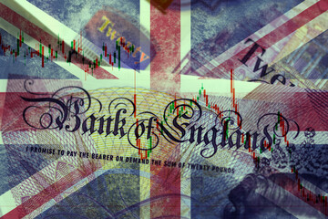 Bank of England note overlaid with the Union Jack and financial charts, illustrating the current challenges facing the UK economy