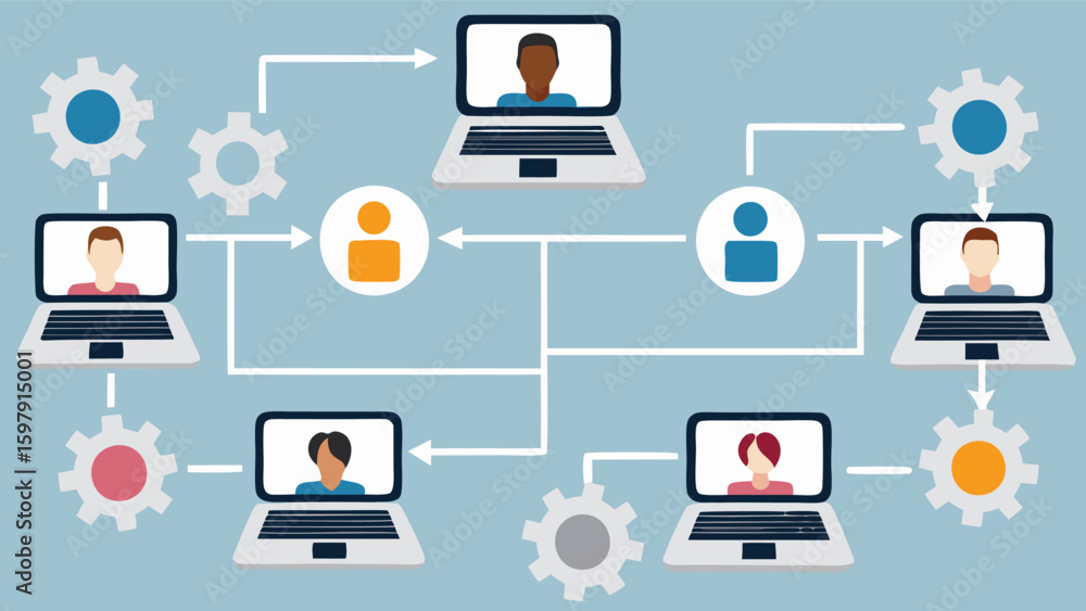Aufkleber network of laptops connected with avatars circles and gears on a blue background showing communicati