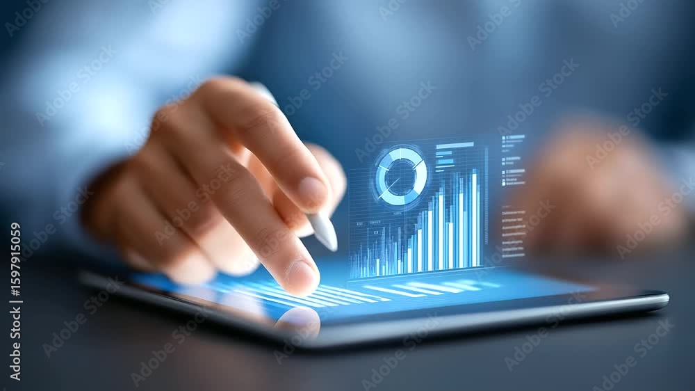 Poster a hand gestures towards a stylus on digital analytics screens displaying dynamic data visualizations