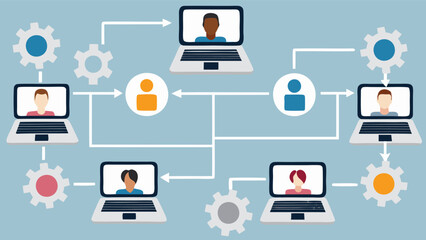 Network of laptops connected with avatars circles and gears on a blue background showing communication