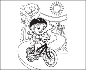 Beautiful bicycle riding by a cute girl on road in natural scenery black outline vector illustration for kids coloring book design