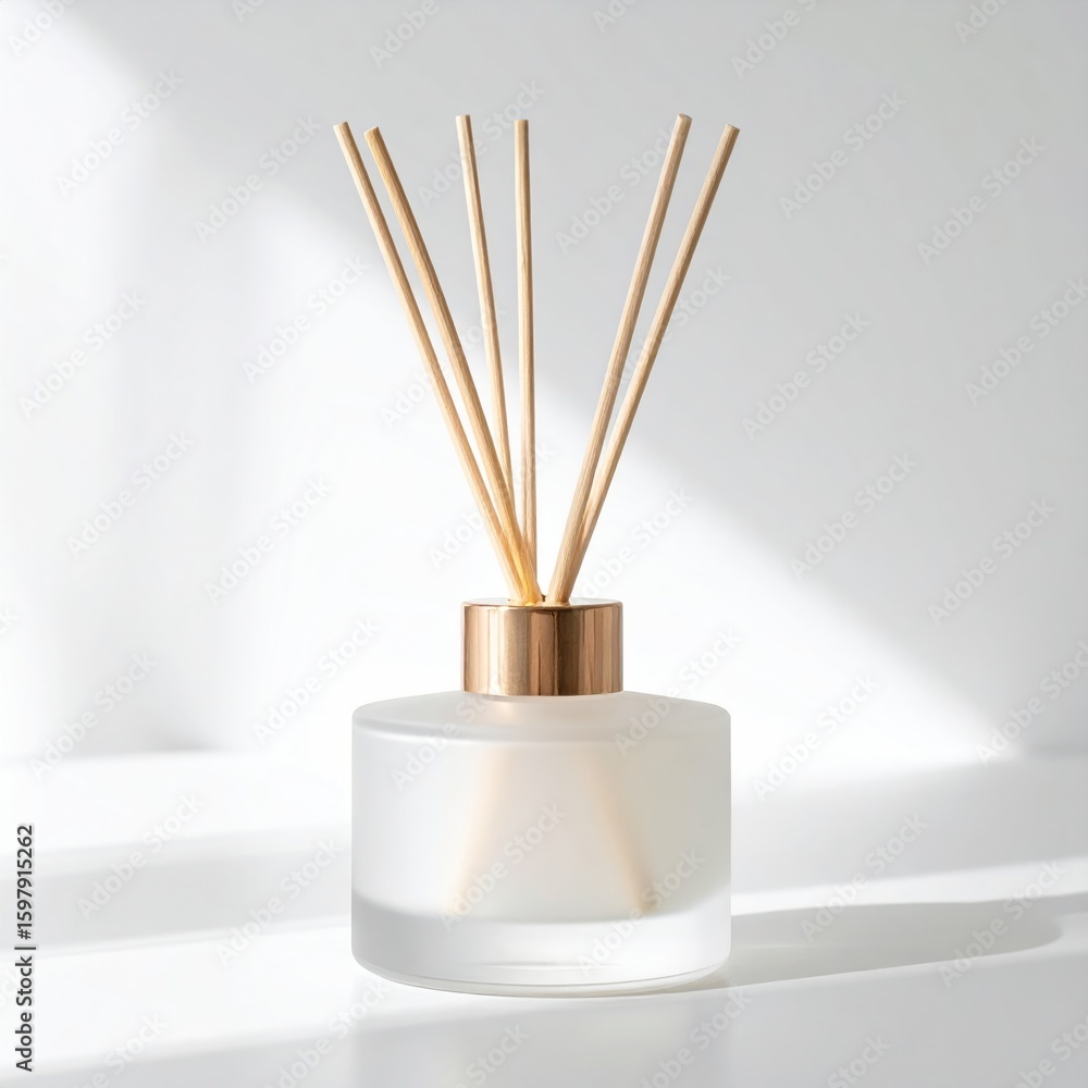 Poster minimalist aromatherapy diffuser mockup with scent sticks and shadows on white background