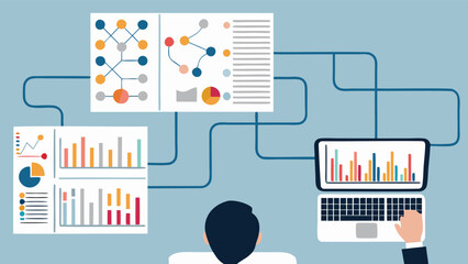 Person analyzing data on laptop with charts and graphs connected by lines in a light blue background