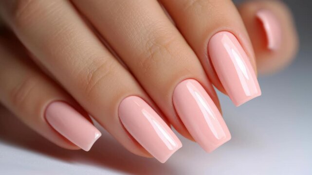 Soft pink glossy manicure on long square nails with smooth hand skin, elegant nail care in 4K Beauty Concept Image on Soft Gradient Background