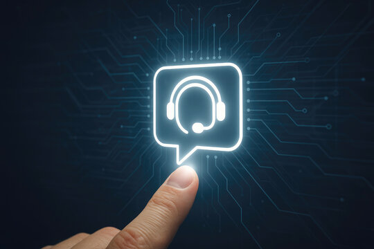 Finger touching glowing headset icon on circuit board image