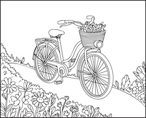 Obraz premium Beautiful bicycle on road in natural scenery black outline vector illustration for kids coloring book design