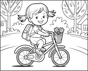 Beautiful bicycle riding by a cute girl on road in natural scenery black outline vector illustration for kids coloring book design