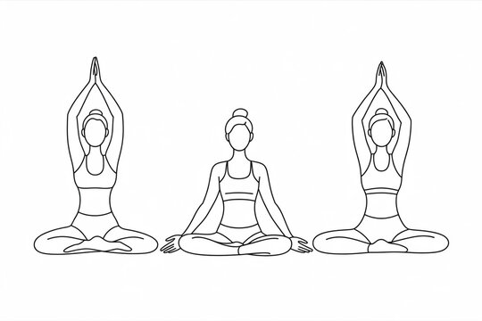 Three women strike yoga poses in a minimalist illustration, promoting fitness, balance, and inner peace