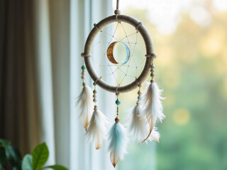 This dreamcatcher, with its feathers and moon, brings a sense of calm and tranquility.